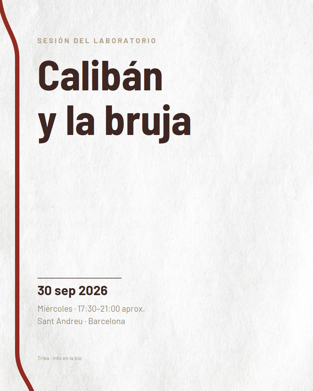 Cartell de la sessió del laboratori amb les portes obertes: Calibà i la bruixa, 30 de setembre de 2026 a la sala de Sant Andreu