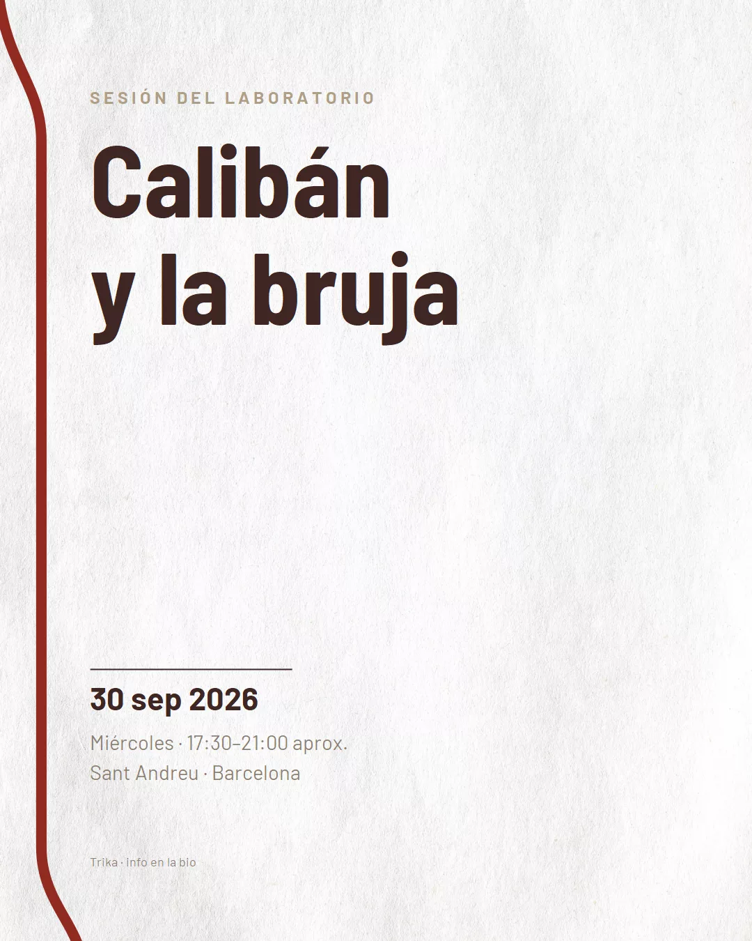 Cartell de la sessió del laboratori amb les portes obertes: Calibà i la bruixa, 30 de setembre de 2026 a la sala de Sant Andreu